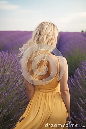 Young blond woman in lavender field Happy carefree AI generated Stock Photo