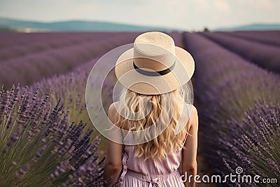 Young blond woman in lavender field Happy carefree AI generated Stock Photo