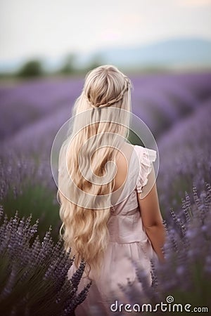 Young blond woman in lavender field Happy carefree AI generated Stock Photo