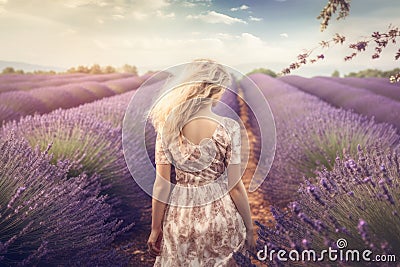 Young blond woman in lavender field Happy carefree AI generated Stock Photo