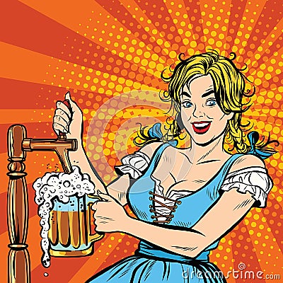 Young blond woman pours a beer, Germany national costume Vector Illustration