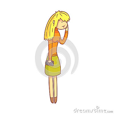 Young blond woman suffering from toothache pain pressing her cheek. Colorful cartoon character Vector Illustration