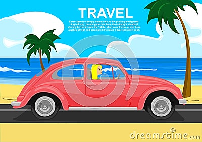 Young blonde driving retro car along the sea coast Vector Illustration