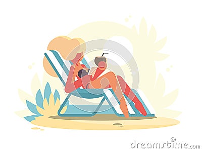 Young blonde lying on chaise longue Vector Illustration