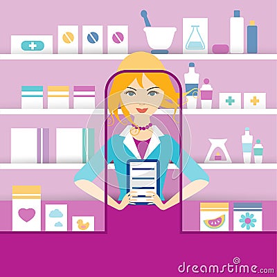 Young blonde pharmacy chemist girl standing in drugstore. Vector Illustration