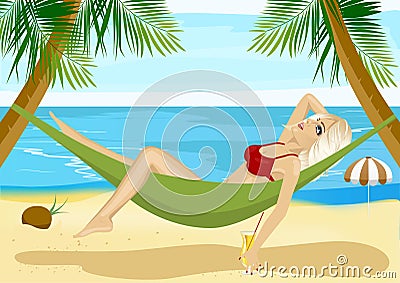 Young blonde relaxing in hammock on beach near blue ocean Vector Illustration