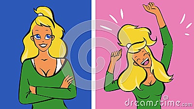 Young blonde woman calm then very happy, vector illustration Vector Illustration