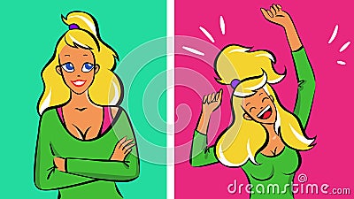 Young blonde woman calm then very happy, vector illustration Vector Illustration