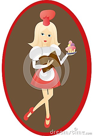 Young blonde woman holding book with receipts and cupcake Cartoon Illustration