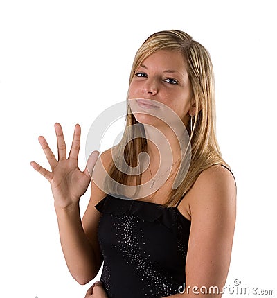 Young blonde woman holding five fingers Stock Photo
