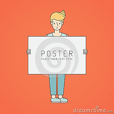 Young blonde woman holds poster. Simple outline design. Vector Illustration