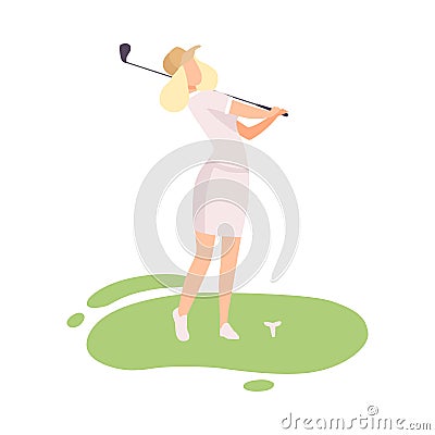 Young Blonde Woman Playing Golf, Female Golfer Training with Golf Club on Course with Green Grass, Outdoor Sport or Vector Illustration