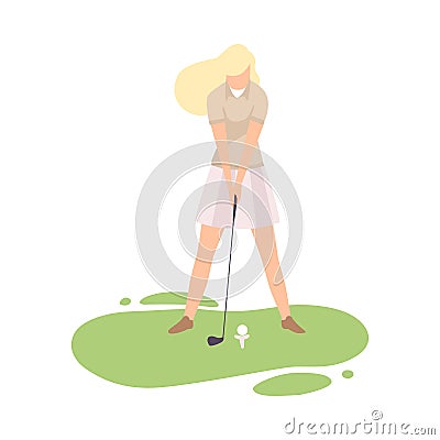 Young Blonde Woman Playing Golf, Girl Golfer Training with Golf Club on Course with Green Grass, Outdoor Sport or Hobby Vector Illustration