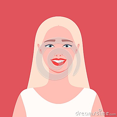 Young blonde woman is smiling. Smile with crowded teeth. Bite type Vector Illustration
