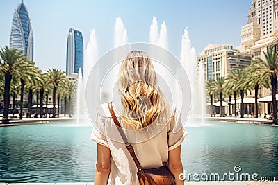 A young blonde woman in a white T-shirt with a backpack is standing by the fountain in Dubai, United Arab Emirates, Happy tourist Stock Photo