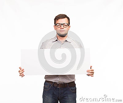 Young bored man showing presentation, pointing on placard Stock Photo
