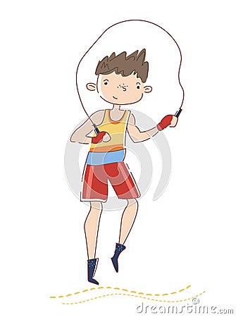 Young boxer training in gym. Smiling caucasian sportsman is jumping on rope. Concept of professional sport. Guy Vector Illustration