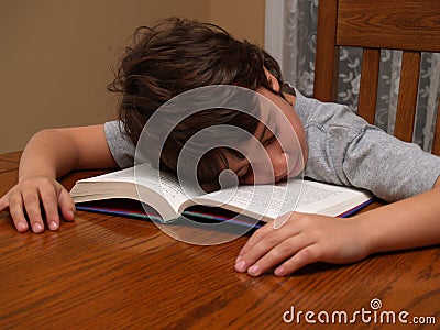 Young boy asleep while reading Stock Photo