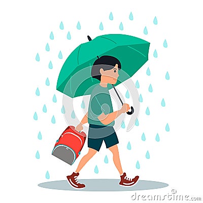 Young boy character goes from school under a rain.Vector illustration on white background in cartoon style Vector Illustration