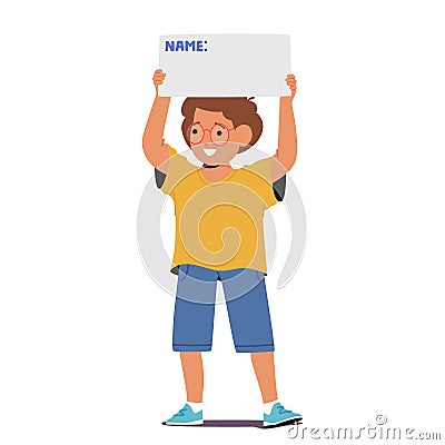 Young Boy Character Holds A Banner Displaying Empty Place Name, His Eyes Brimming With Joy And Excitement Vector Illustration