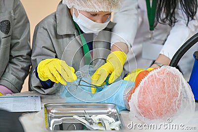 Young boy doctor. Interest in medicine in children. Children in medical coats. Medical training. KHARKOV, UKRAINE - JANUARY 20, Editorial Stock Photo