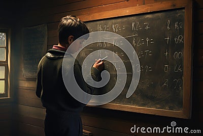 Young boy drawing math formulas on the blackboard. Education concept. A child writing on a chalkboard in a rural schoolhouse, AI Stock Photo