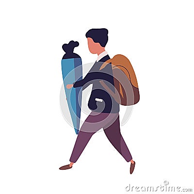 Young boy dressed in uniform walking to school and carrying Schult te gift or cone with candies. Schoolboy, clever child Vector Illustration