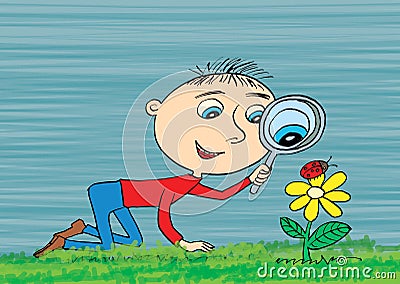 Young boy exploring nature in a meadow with a magnifying glass l Stock Photo