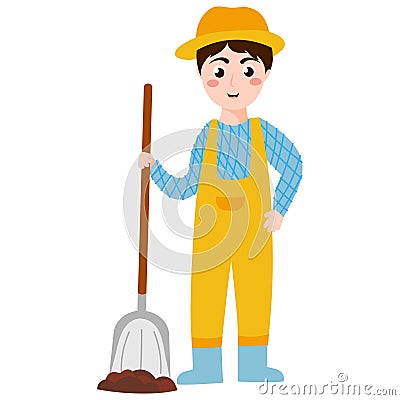 Young boy farmer digging in cartoon style isolated on white background, farm or rural lifestile concept for children Vector Illustration