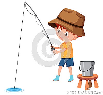 Young boy fishing white background Vector Illustration