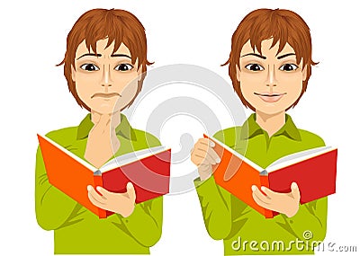 Young boy focused reading interesting book Vector Illustration