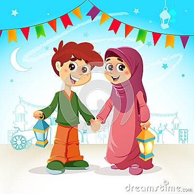 Young Boy and Girl Celebrating Ramadan Vector Illustration