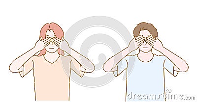 Young boy and girl are covering eyes with two hands. Hand drawn Vector Illustration