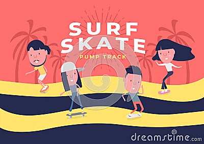 Young Boy and girl surf on skateboard or surf skate. People on skates on pump track background. Vector Illustration