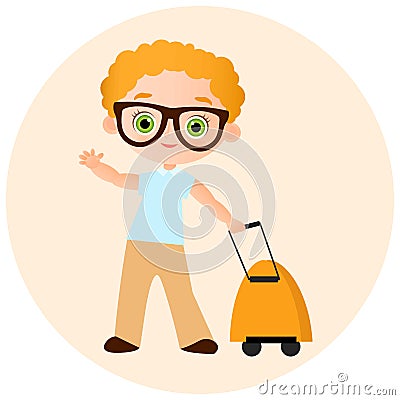 Young Boy with glasses and packsack travel. Travelling with the knapsack. Vector illustration eps 10 isolated on white background. Cartoon Illustration