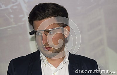 Young boy with google glass on face Editorial Stock Photo