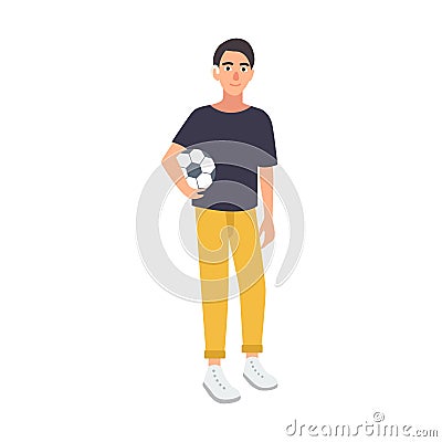 Young boy with hearing impairment holding soccer ball isolated on white background. Deaf footballer or teenage football Vector Illustration