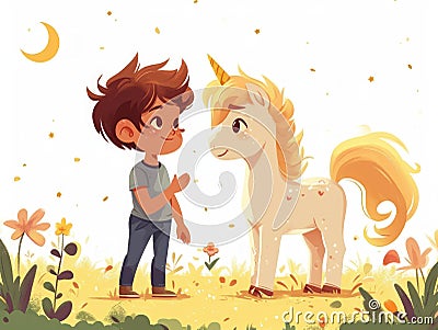 A Young Boy Helping a Lost Unicorn Find Its Way Home AI Generated Cartoon Illustration