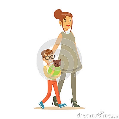 Young boy with his mother holding a wrapped cat. Colorful cartoon character Illustration Vector Illustration