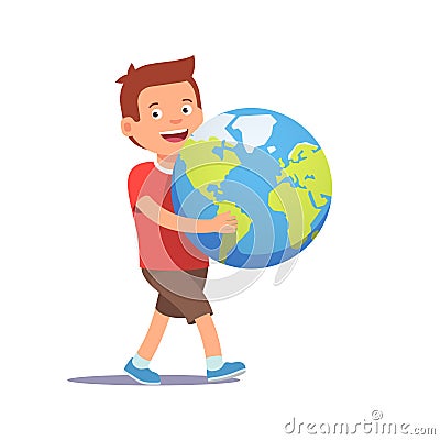 Young boy kid carrying holding planet earth Vector Illustration