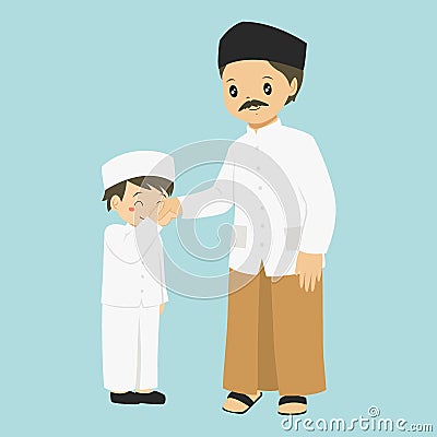 Muslim Boy Kissing His Father`s Hand Vector Vector Illustration