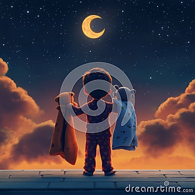 Young Boy in Pajamas Gazing at Starry Night Sky Stock Photo