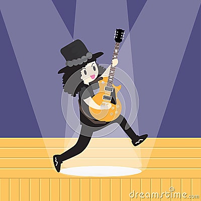 Young boy playing Electric guitar Happy Love music Vector Stage background Vector Illustration