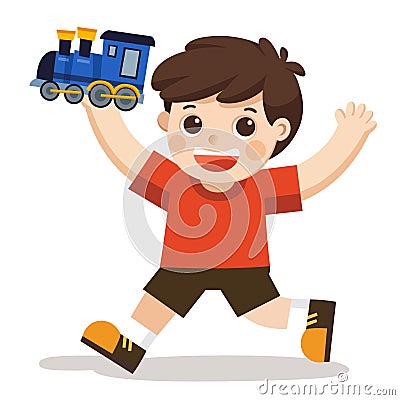 A young boy playing his blue train toy. Vector Illustration