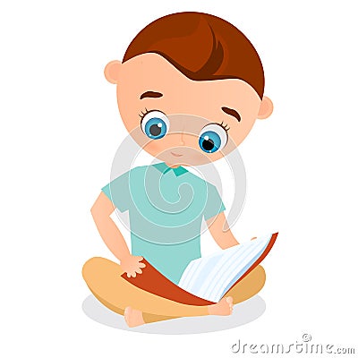 Young boy reading a book sitting on the floor. Vector illustration eps 10. Flat cartoon style. Cartoon Illustration