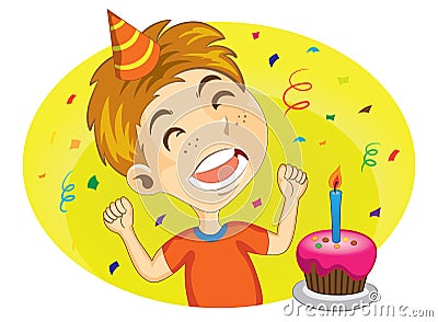 Young Boy Ready To Blow His Birthday Cake Vector Illustration