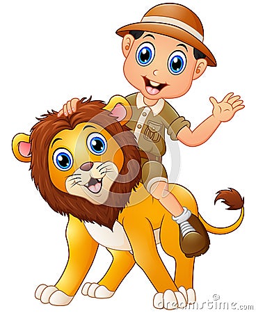 Young boy in safari suit and wild lion cartoon Vector Illustration