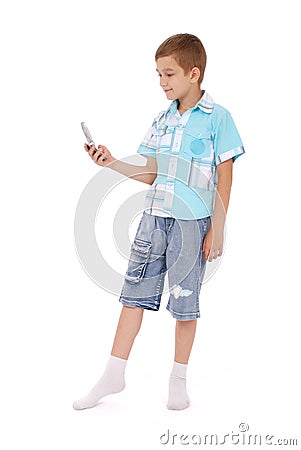 Young boy send text message with phone Stock Photo