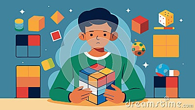 A young boy is shown playing with a Rubiks Cube his face filled with concentration. The panels around him depict Vector Illustration