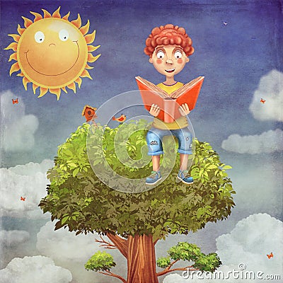 Young boy sitting on a tree and reads a book Stock Photo